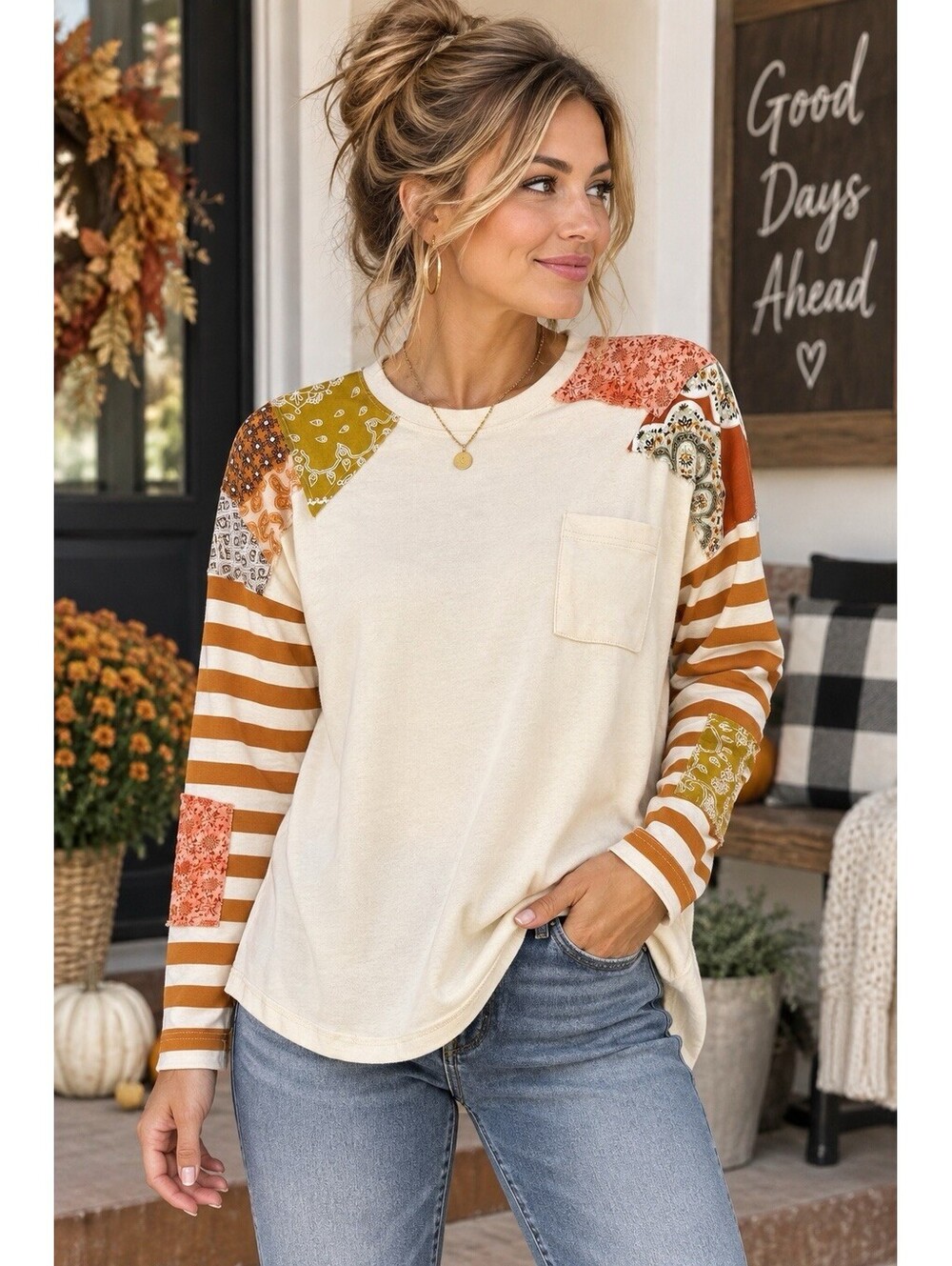 Easel Women M Patchwork Boho Top Striped Long Sleeve Bandana Hi Low Pocket